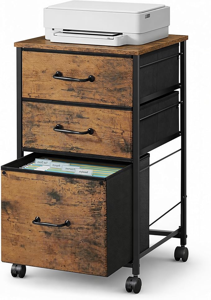 DEVAISE Mobile File Cabinet, Rolling Printer Stand with 3 Drawers, Fabric Vertical Filing Cabinet fits A4 or Letter Size for Home Office, Rustic Brown Wood Grain Print