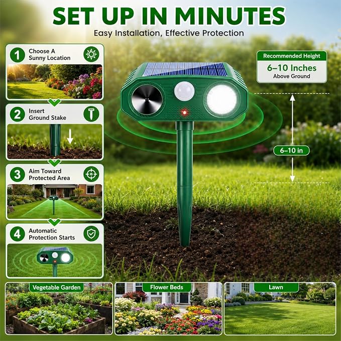 4 Pack Deer Repellent Devices,Ultrasonic Cat Repellent Outdoor Solar Animal Repeller for Squirrel Racoon Rabbit Fox Dog Skunk,Flashing Light IP65 Waterproof Motion Sensor Animal Deterrent for Garden