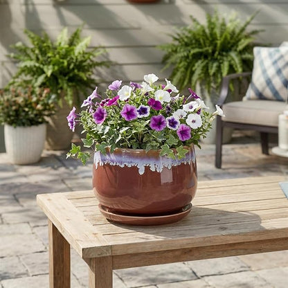 9 Inch Ceramic Planter - Indoor Planters with Drainage and Saucer, Decorative Flower Pot for Indoor Plants, Round Large Plant Pots, Office Patio House Decor, House Warming Gifts, Red-Purple