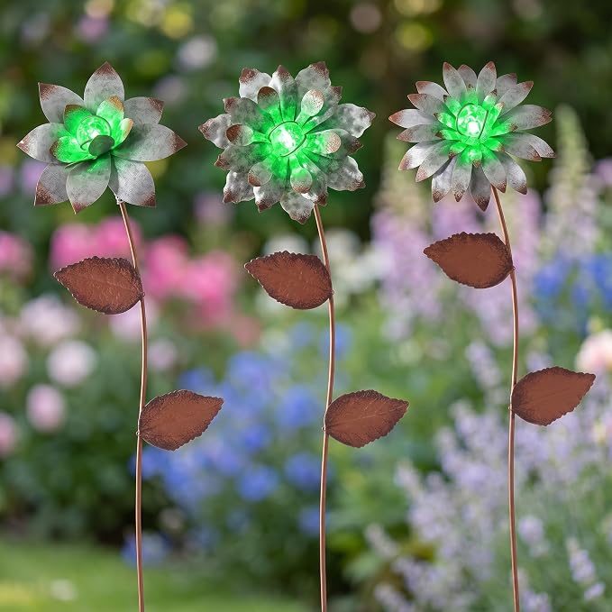 Glow in The Dark Flower Garden Stakes, 3 Pack Colorful Luminous Metal Yard Decor, 14 Inch Outdoor Night Glow Floral Stakes for Lawn, Patio, Flower Beds & Planters
