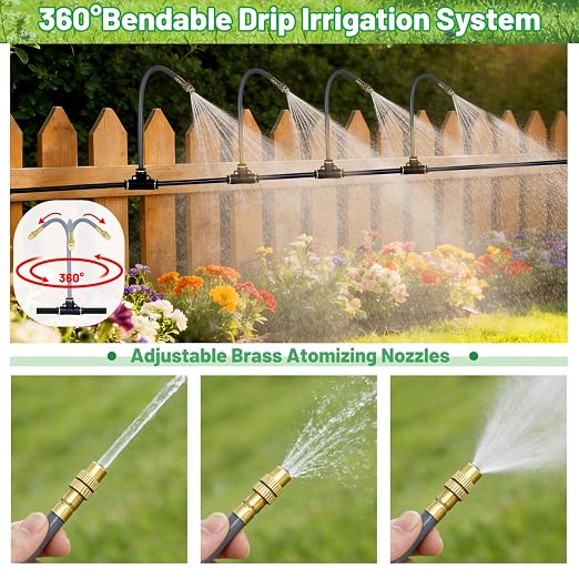 49.2Ft 1/4" Drip Irrigation System 360° Bendable Watering Misting System,Garden Watering Atomizing System with 12 Nozzles, Specially for 1/4 inch Irrigation Tubing(Include 49.2Ft 1/4" Tubing)