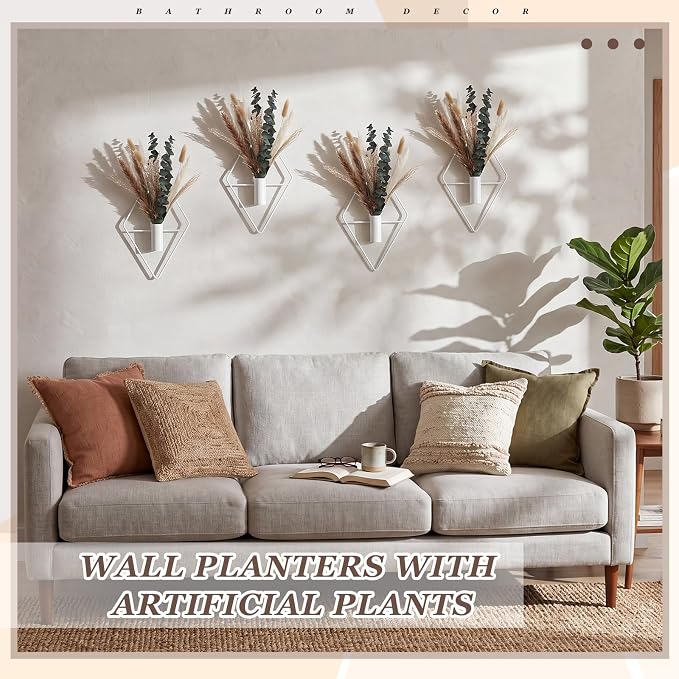 Jexine 4 Pcs Hanging Planters with Artificial Pampas White Metal Hanging Vase Indoor Plants Holder Modern Geometric Boho Bathroom Wall Decor for Living Room Home Office