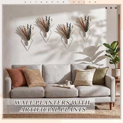 Jexine 8 Pcs Hanging Planters with Artificial Pampas Metal Hanging Vase Indoor Plants Holder Modern Geometric Boho Bathroom Wall Decor for Living Room Home Office(White)
