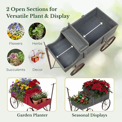 Shine Company Decorative Wagon Garden Planter, Wooden Wagon Yard Décor for Outdoor Plants, Large, Gray