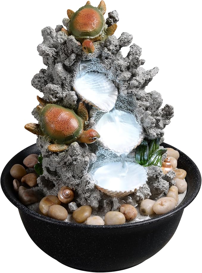 Indoor Tabletop Turtle Water Fountain with LED Light – Coastal Sea Life Desk Waterfall Feature with Soothing Sounds and River Rocks, Ocean Zen Decor for Home Office