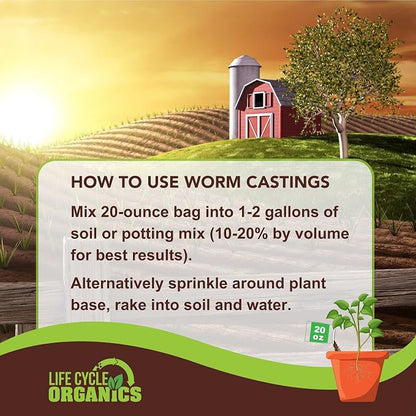 20 oz 100% Organic Worm Castings – Natural Superfood for Plant Growth, Root Development & Growing Healthier, Stronger Crops – Non Toxic & Kind to Soil – Resealable Zip Pouch – Life Cycle Organics