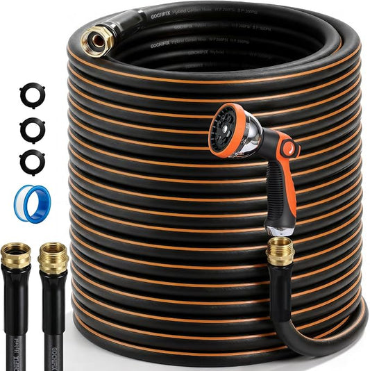Garden Hose, 75ft 5/8" Heavy Duty Rubber Water Hose w/ 10-Mode Spray Nozzle, 550 PSI Burst, 360° Anti-Kink Swivel Connectors, All-Weather Flexible, Leakproof 3/4" Brass Male to Female Fittings