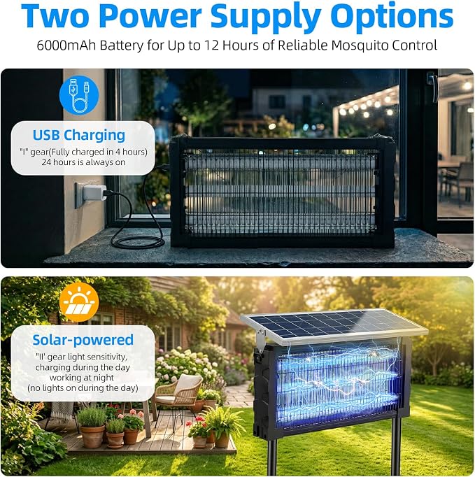 2026 Solar Mosquito Zapper Outdoor Bug Zapper Outdoor Solar 4500V Waterproof Electric Fly Trap with Panel Sensor & Indoor Insect Zapper for Home Backyard Patio Camping Garden (1 Unit)