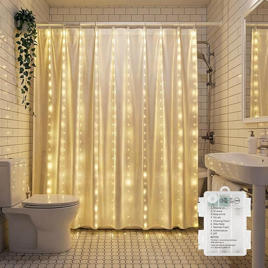 Brightown 180 LED Shower Curtain Lights, 70 Inch Warm White IP65 Waterproof Fairy Lights Battery Operated String Lights, 8 Modes Waterproof Christmas Lights for Indoor Outdoor Decor(No Curtain)