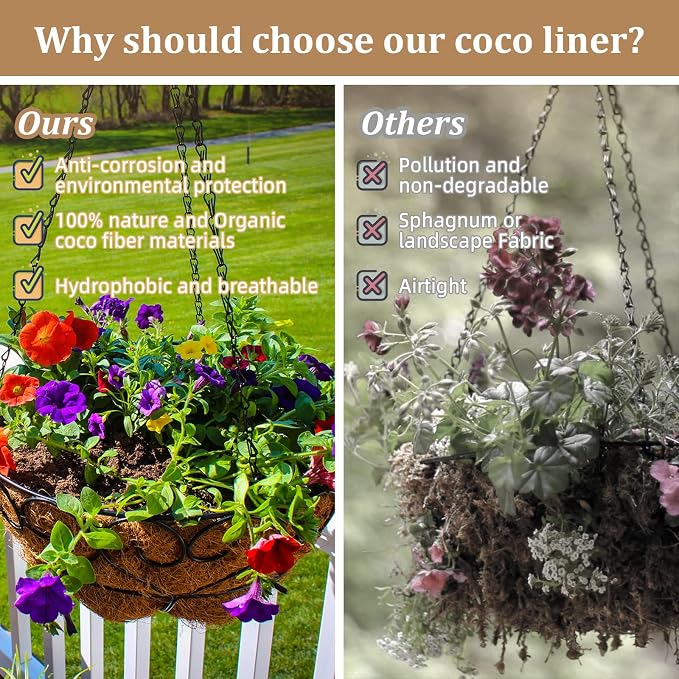 Legigo 4 Pack 14 Inch Hanging Basket Coco Liners Replacement, 100% Natural Round Coconut Coco Fiber Planter Basket Liners for Hanging Basket Flowers/Vegetables