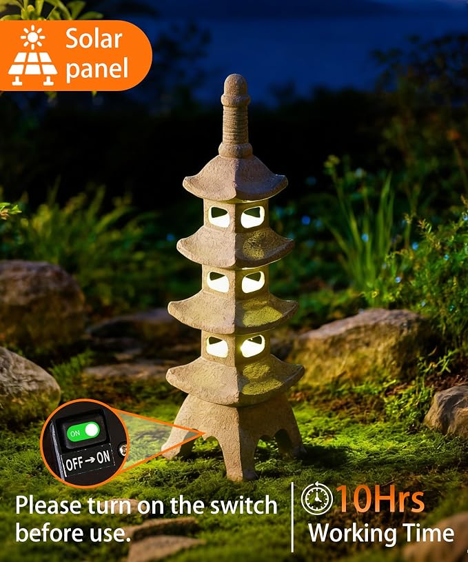 Nacome Solar Pagoda Garden Statues: 25.6 inches Multi-Layer Outdoor Weatherproof Resin Zen Decor for Landscape Balcony Patio Porch Yard Ornament(Gray)