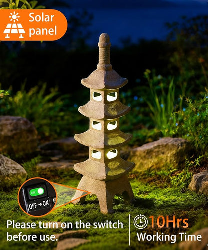 Nacome Solar Pagoda Garden Statues: 25.6 inches Multi-Layer Outdoor Weatherproof Resin Zen Decor for Landscape Balcony Patio Porch Yard Ornament(Gray)