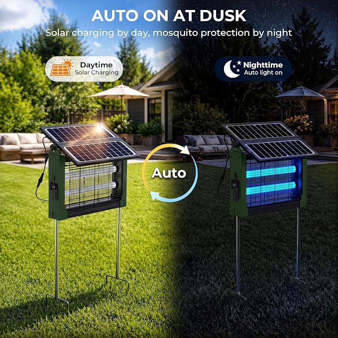 Solar Bug Zapper, 4500V Mosquito Zapper Outdoor Waterproof with Dual Solar Panel, USB Rechargeable Mosquito Killer, Cordless Fly Insect Zapper Waterproof for Patio Yard Garden Home Camping