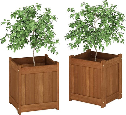 Furinno TIOMAN Planter Box Set of 2, Hardwood Flower Box, Cube Garden Box, in Teak Oil, Outdoor Indoor, Garden, Patio, Balcony, Light Wood