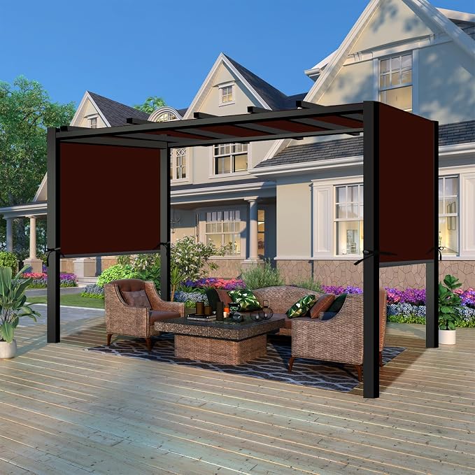 Waterproof Pergola Canopy Replacement Cover, 17' x 6.8',Brown | Waterproof polyester canopy with built-in drainage holes and adjustable tie straps for a secure fit in rain and wind.
