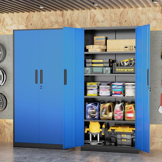 INTERGREAT Metal Storage Cabinet, 72" Locking Steel Cabinets with 2 Door and 4 Adjustable Shelves, Tall Metal Cabinet for Home Office, Garage, Warehouse, Black+Blue