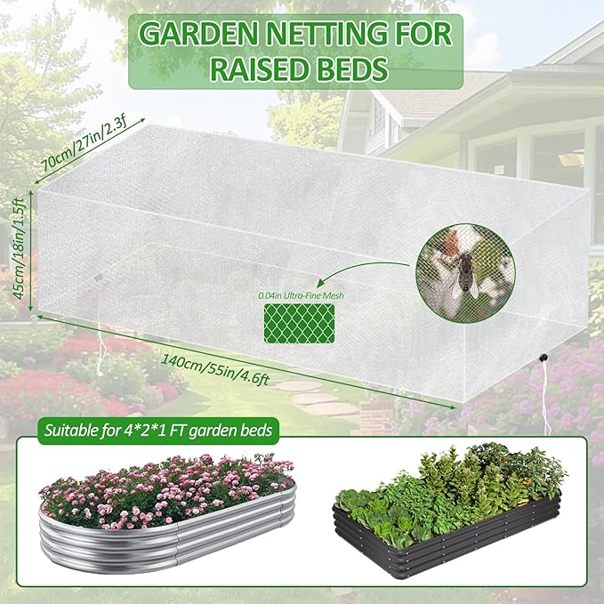 2 Pack Garden Netting for Raised Beds, 4x2FT Raised Bed Cover for Garden Protection, Ultra Fine Mesh Bird Netting Pest Barrier Screen with Drawstring for Protecting Vegetables Fruits Flowers