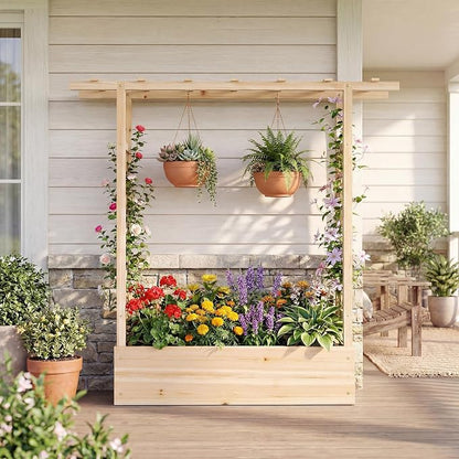 Giantex Wooden Raised Garden Bed with Trellis & Hanging Roof, 2 Pack Fir Wood Planter Box, 45" Freestanding Elevated Garden Bed for Outdoor Climbing Plants Vegetables Flowers, Patio & Balcony, Natural