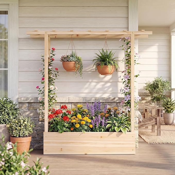 Giantex Wooden Raised Garden Bed with Trellis & Hanging Roof, Fir Wood Planter Box, 45" Freestanding Elevated Garden Bed for Outdoor Climbing Plants Vegetables Flowers, Patio & Balcony, Natural