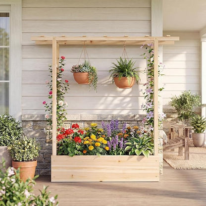Giantex Wooden Raised Garden Bed with Trellis & Hanging Roof, Fir Wood Planter Box, 45" Freestanding Elevated Garden Bed for Outdoor Climbing Plants Vegetables Flowers, Patio & Balcony, Natural