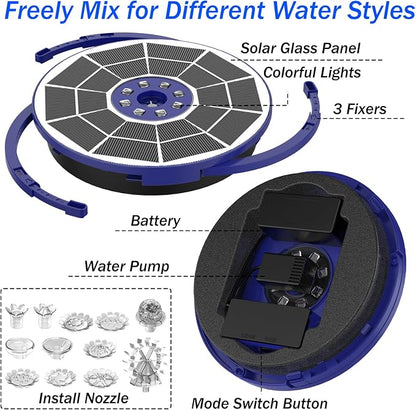 AISITIN 3.5W Solar Fountain Pump with LED Colorful Lights & 3000mAh Battery, Solar Bird Bath Fountain with 10 Nozzles, Solar Water Pump for Garden, Pond and Outdoor (Purple)