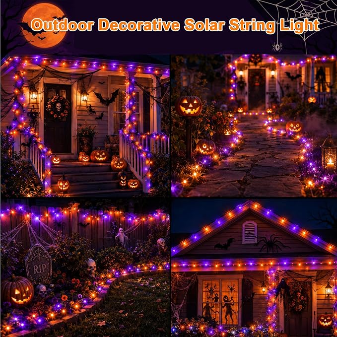 2Pack Solar Halloween String Lights Outdoor, 66ft 200LEDs Purple & Orange String Light with 11 Modes, Waterproof Patriotic Solar Lights for Garden Yard Pathway Fence Party Memorial Day