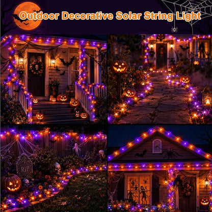 4Pack Solar Halloween String Lights Outdoor, 132ft 400LEDs Purple & Orange String Light with 11 Modes, Waterproof Patriotic Solar Lights for Garden Yard Pathway Fence Party Memorial Day