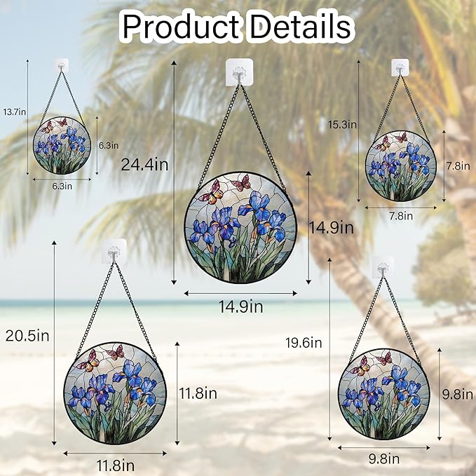 DASTOLL Stained Glass Window Hanging, Blue Iris Flowers Butterfly Suncatcher Diamond Colorful Glass Panel Sun Catchers Decor for Birthday for Women, Men, Wife, Aunt, and Mom 6.3 in