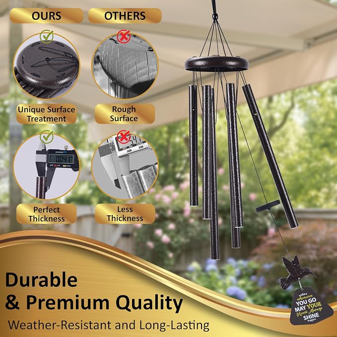 Wind Chimes for Outside – Memorial Wind Chimes 32" for Loss of Loved One with Hummingbird Spinner, Bereavement & Sympathy Gift, Soothing Tones, Bronze Finish