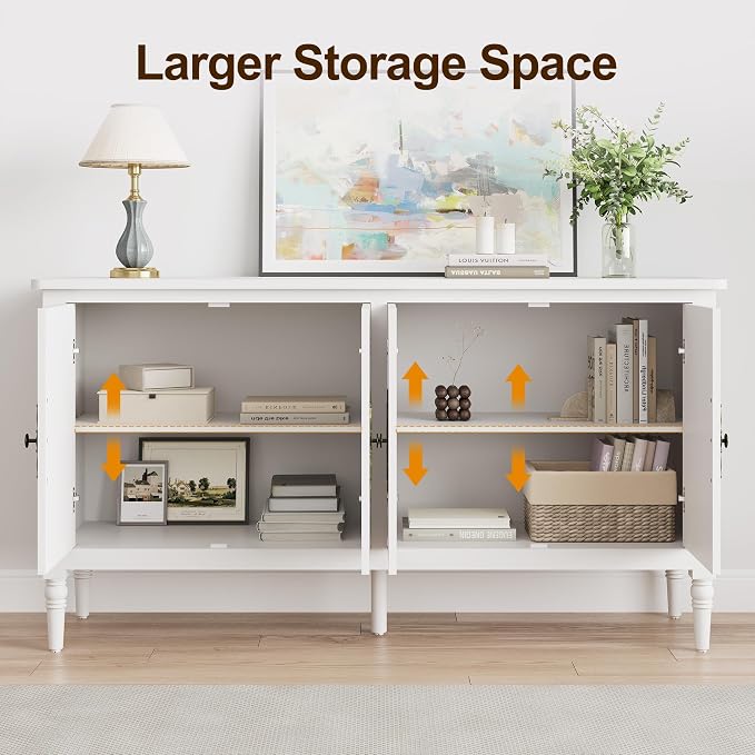 RoyalCraft Sideboard Buffet Cabinet with Storage, 59" Mid Century Modern Credenza with 4 Doors, Coffee Bar Wine Bar Storage Cabinet with Artistic Carved Handle for Living Room, Dining Room, White
