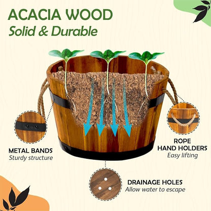 Set of 3 Wooden Flower Boxes Outdoor, Durable Acacia Wood Barrel Planters for Outdoor Plants with Ergonomic Handles, Drainage Holes, Multiple Sizes Wood Bucket Planter for Home Décor