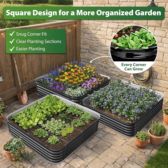 16.5" Deep Square Galvanized Raised Garden Bed 4x4 ft – Large Metal Planter Box for Vegetables, Flowers & Herbs – Heavy Duty Outdoor Above Ground Gardening Bed with Easy Assembly (Black)