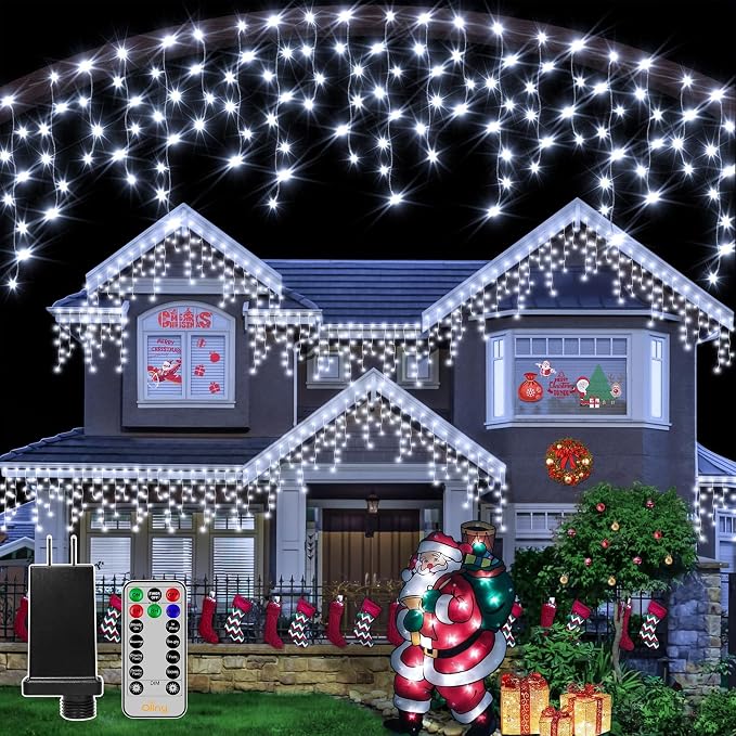 Ollny Icicle Lights Outdoor Cool White, 600LED 49FT Christmas Lights with Remote 8 Modes Dimmable, Waterproof Connectable Timer Hanging Light for House Outside Yard Indoor Decorations