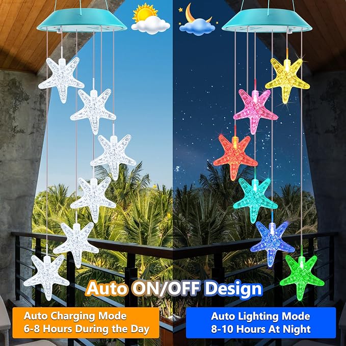 Solar Starfish Gift for Mom Grandma Girls, Colorful Solar Wind Chimes for Outside, Outdoor Decorative Mobile Lights for Garden, Yard, Patio, Window, Party, Outdoor Decorations