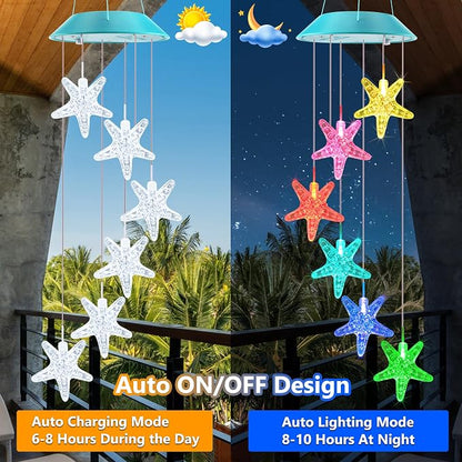Solar Starfish Gift for Mom Grandma Girls, Colorful Solar Wind Chimes for Outside, Outdoor Decorative Mobile Lights for Garden, Yard, Patio, Window, Party, Outdoor Decorations