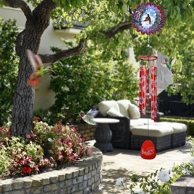 Wind Chimes for Outside, Wind Chime with Animated Hummingbird Spinner, 33" Memorial Windchimes Outdoor - Rustproof, Soothing Melody, Ideal for Garden Decoration Yard Decor Gift for Men Women