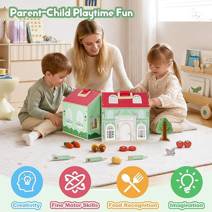 SIMPLIPLAY Montessori Wooden Garden Toys, Vegetable Matching Toy, Toy Food | 45pcs Wooden Dollhouse Kit, Educational Farm Pretend Play & Play Food Sorting for Toddler Kids Boys Girls Birthday Christmas