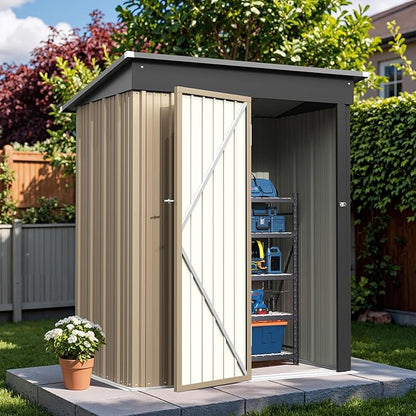 Greesum 5 x 3 FT Metal Outdoor Storage Shed, Brown | Waterproof & Weather Resistant Tool House with Lockable Single Door for Backyard Garden Patio Storage