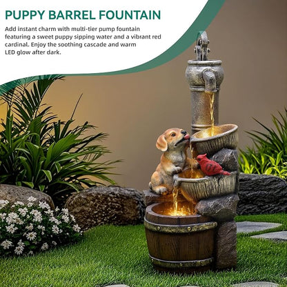 30" Puppy & Red Bird Outdoor Fountain, 3-Tier Pastoral Water Feature with LED Lights, Resin Two Bowls & Wooden Barrel Soothing Cascading Waterfall for Patio, Backyard, Garden | Pastoral Two Bowls & Wooden Barrel Water Feature Outdoor, 3-Tiers Soothing ...