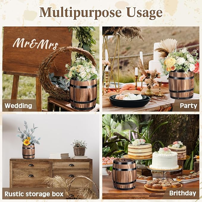 GlikCeil 2 Pcs Wood Wine Barrel Vase Vintage Flower Vase Container Rustic Barrel Planter for Wedding Reception Table Decoration Home Indoor Outdoor Garden Kitchen Party (8 x 6.5 Inch)