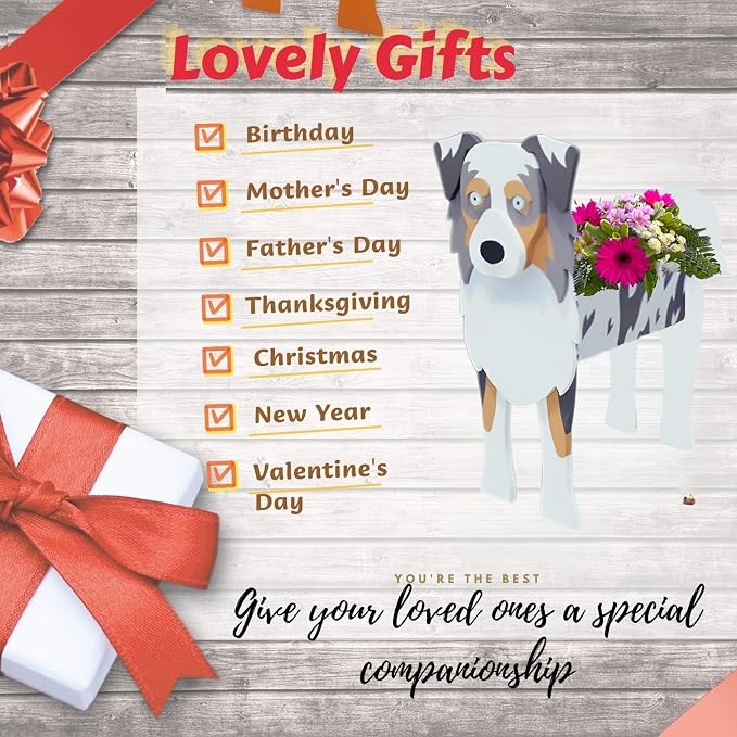 Australian Shepherd Dog Planter Pots, 9.84 x 7.13 x 17 Inches | Large Dog Flower Pot, Cute Animal Shaped Plant Pot, Gifts for Women & Pet Lovers, Indoor Outdoor Garden Home Office Decor