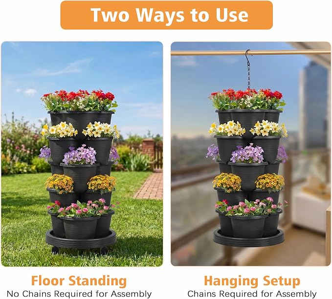 VECELO 5 Tier Vertical Garden Planter, Self Watering Stackable Planters with Wheels for Strawberries, Herbs, Flowers, Vegetables, Black
