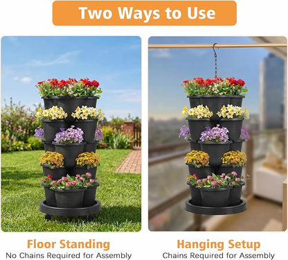 VECELO 5 Tier Vertical Garden Planter, Self Watering Stackable Planters with Wheels for Strawberries, Herbs, Flowers, Vegetables, Black