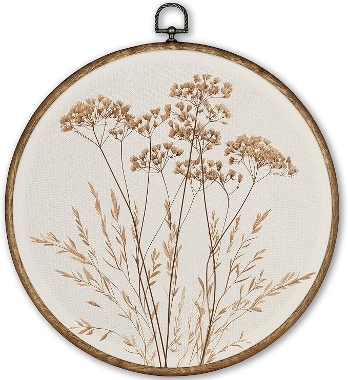 TLESKE Beige Vintage Botanical Round Wall Art Decor Framed 10x10, Boho Floral Wildflower Canvas Wall Art Prints Artwork, Fall Neutral Bohemian Wall Hanging Decor Decorations for Bedroom Living Room