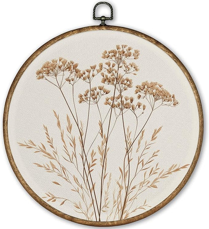TLESKE Beige Vintage Botanical Round Wall Art Decor Framed 10x10, Boho Floral Wildflower Canvas Wall Art Prints Artwork, Fall Neutral Bohemian Wall Hanging Decor Decorations for Bedroom Living Room