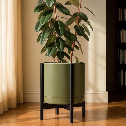 D'vine Dev Ceramic Planter with Ebony Stand - 14 Inch Modern Round Flower Pot with Wood Planter Holder, Olive, 55-B-S-J