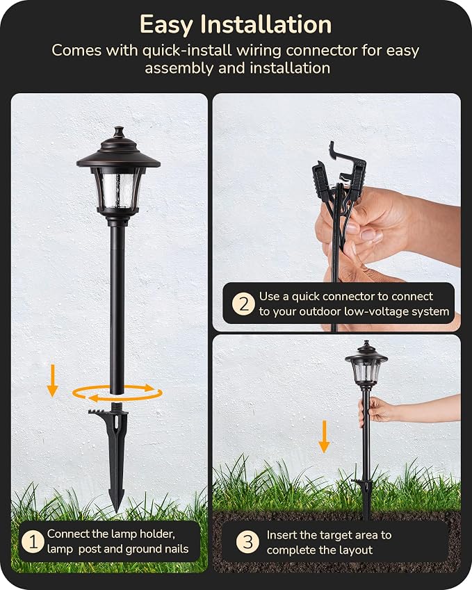 EDISHINE Low Voltage Landscape Lighting, 12V 3W 120LM 3000K Seed Glass Outdoor Landscape Path Lights with Connectors, ORB Waterproof Electric LED Pathway Light Wired for Walkway Garden Yard, 4 Pack