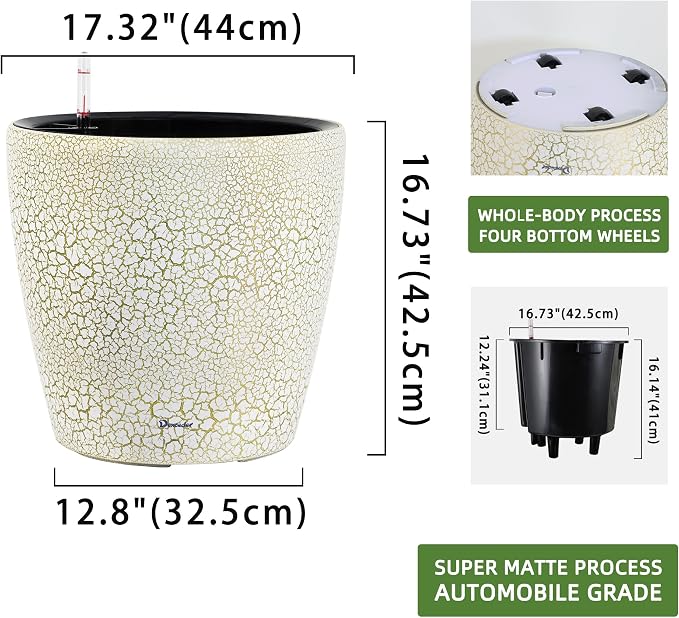 Dexceder 18x17 Self Watering Planter with Wheels (White Gold Crackle) | Inner Pot Design, Thickened Large Floor Standing Flower Plant Pot with Water Level Indicator Indoor Outdoor
