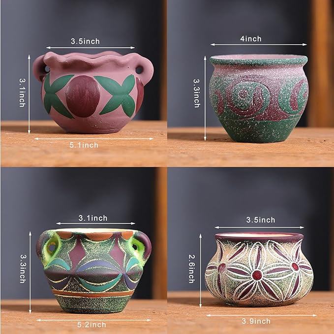 4 Piece Ceramic Plant Pots Indoor Pots Set with Drainage Holes, Rustic Colorful Decorative Flower Pots for Indoor&Outdoor Little Plants, Cute Cactus/Bonsai Plant Pots