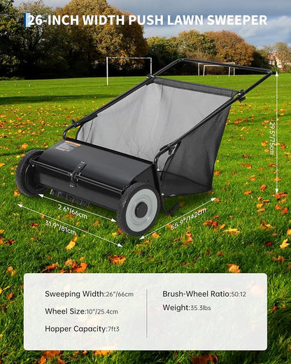 GarveeLife 26 Inch Push Lawn Sweeper with 4 Spinning Brushes, 7 Cu.ft Large Capacity Leaf Collector, Adjustable Height Grass Sweeper, All Terrain Lawn Leaf Debris Removal Tool for Yard Garden Patio